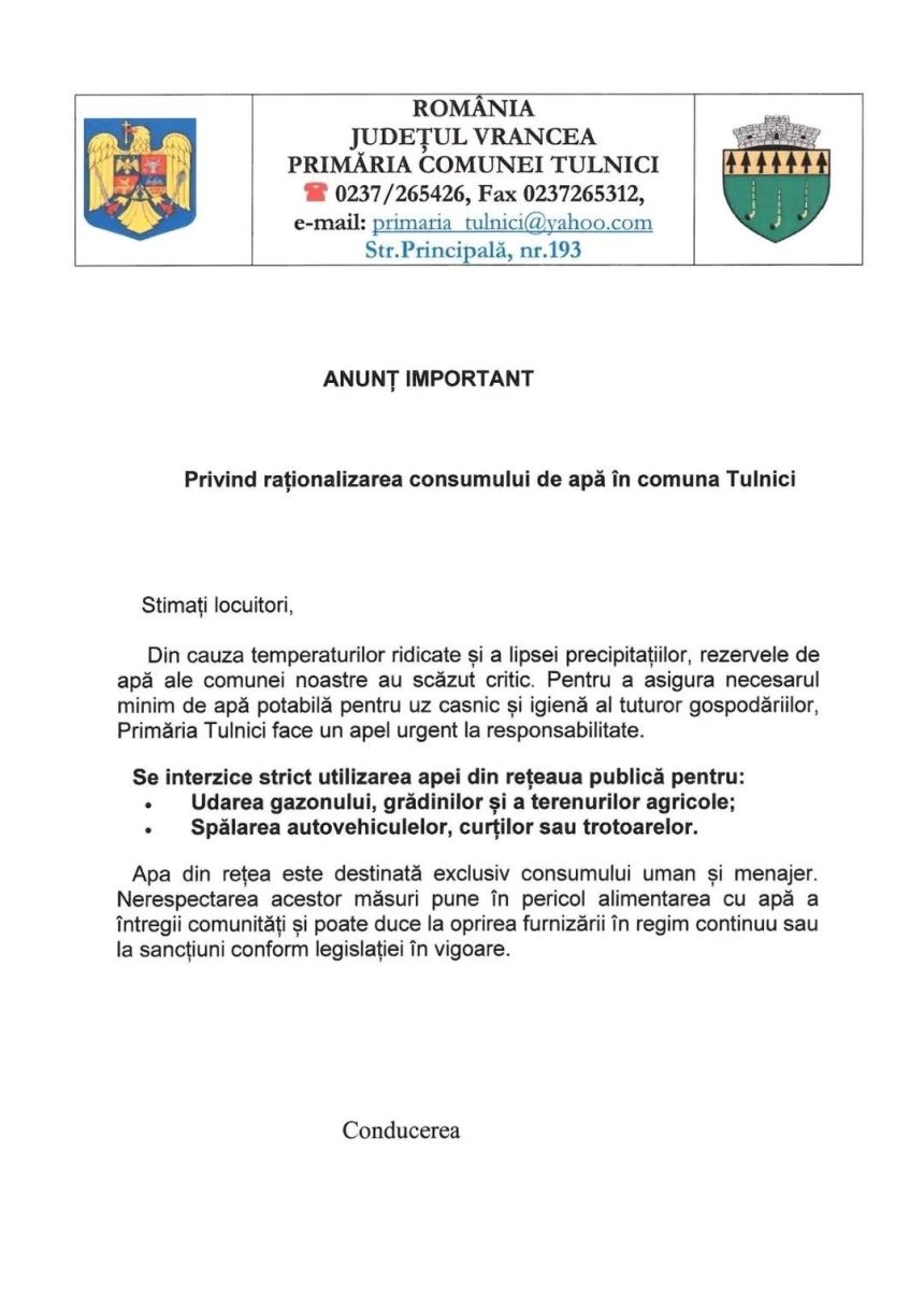 Apel catre locuitorii din Tulnici Rezervele de apa au atins un nivel critic