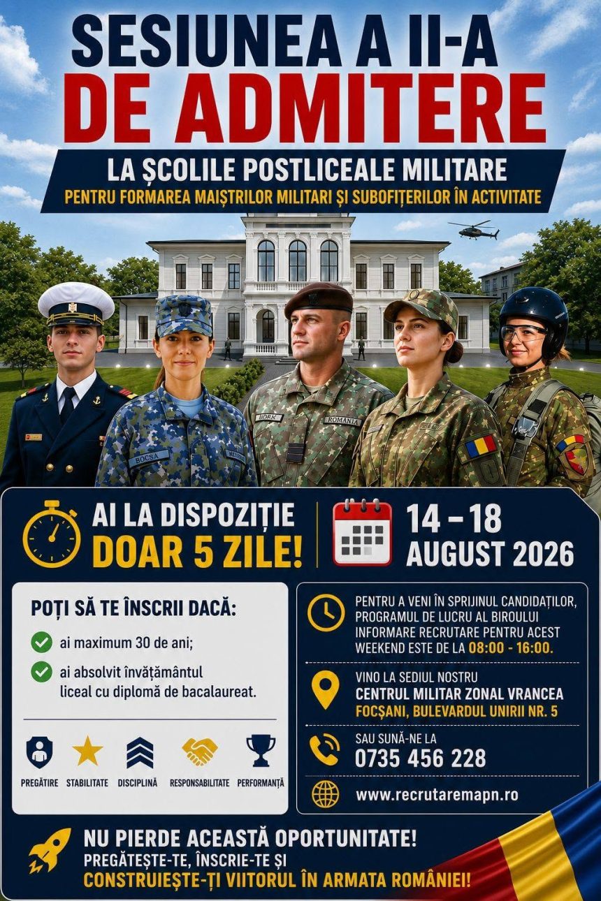 Azi este ultimazi de inscriere pentru Sesiunea a II a de admitere la scolile postliceale militare