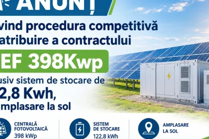 Anunț licitație contract CEF 398Kwp și stocare 122,8 Kwh la sol