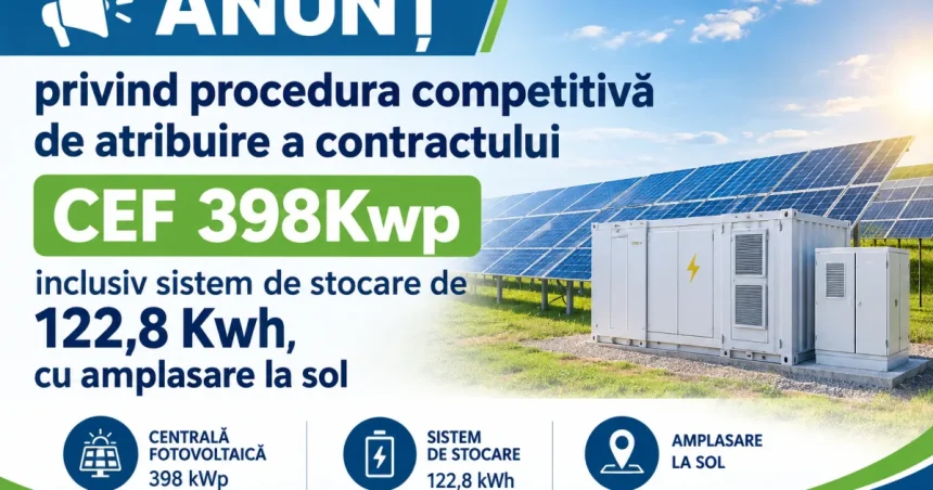 Anunț licitație contract CEF 398Kwp și stocare 122,8 Kwh la sol